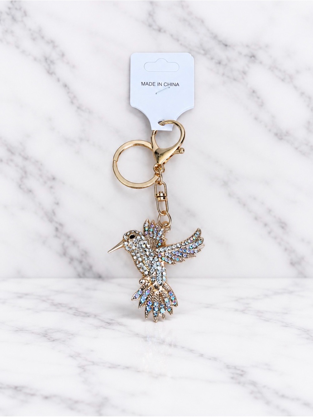 Sparkling Hummingbird Bag Charm/Keyring-White Rhinestones On Gold Hardware